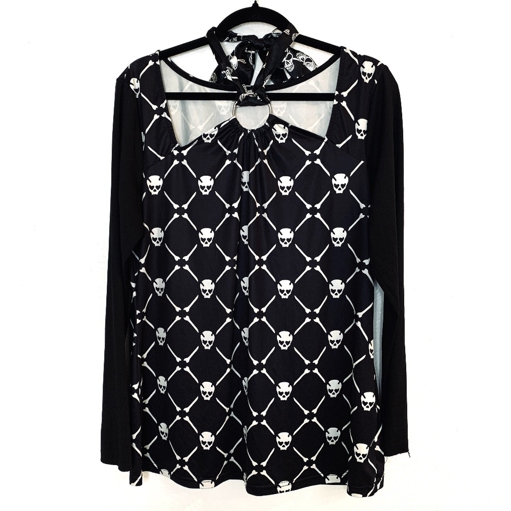 Skull Print Top Women's Large Black White Long Sleeve Halter Tie Neck Witchy